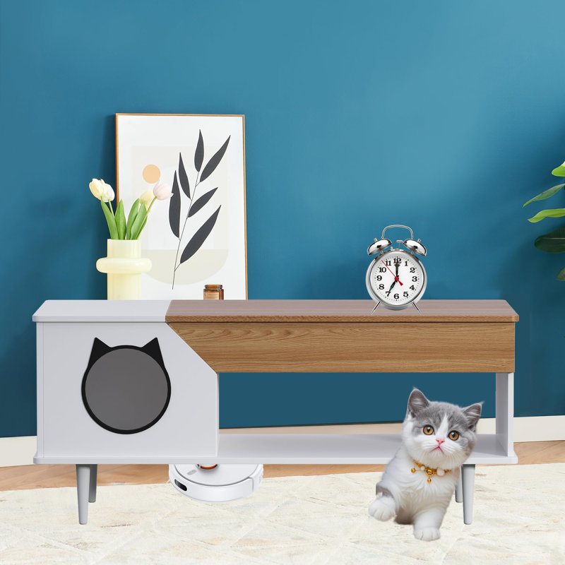 Table basse multifonctionnelle avec tiroir de rangement et bac à litière caché pour chat - Table centrale en bois rustique pour le salon, mobilier pour animaux de compagnie moderne, design adapté aux animaux de compagnie, couleur bois