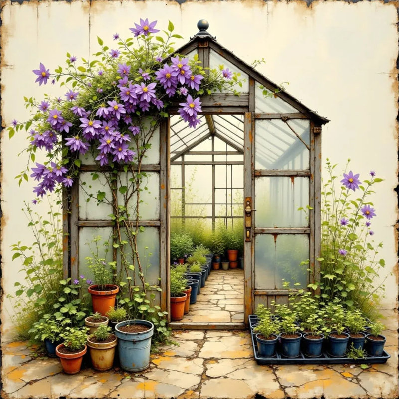 Serre rustique avec clématite mauve, reproduction sur toile, H 30 po x l 30 po