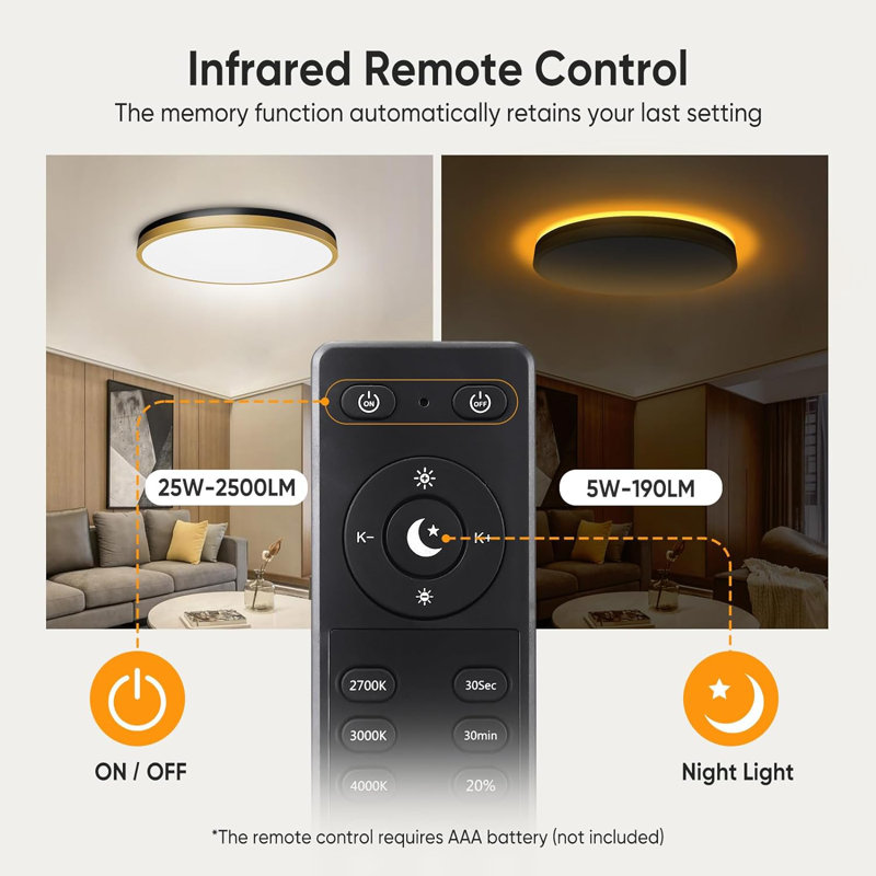 13-Inch White Gold LED Flush Mount Ceiling Light with Remote