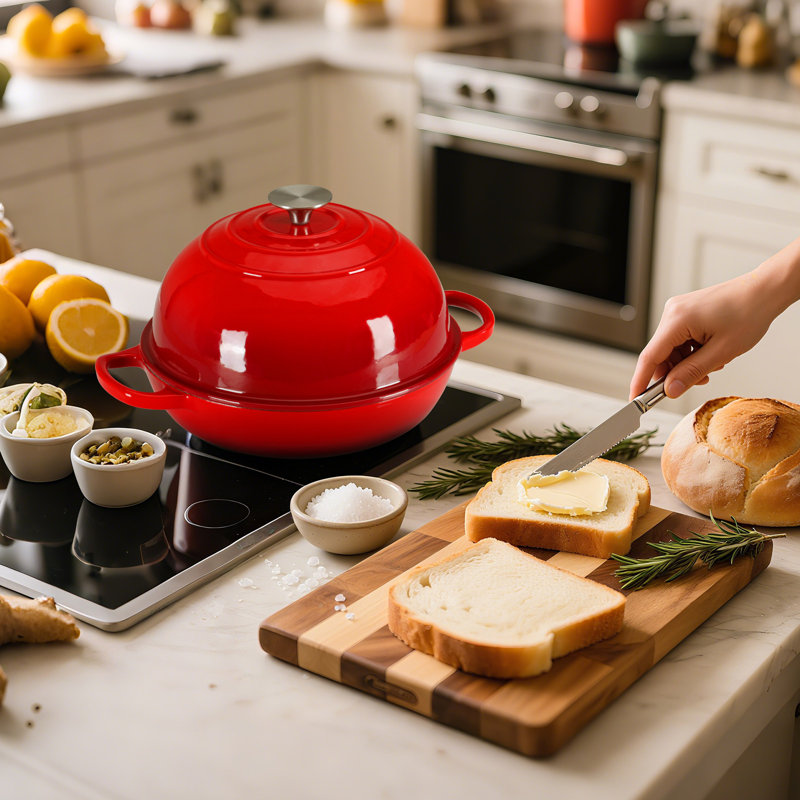Pirecart 6Qt Enameled Cast Iron Dutch Oven For  Bread Baking, Non-Stick Dome-Shaped Bread Oven Pot With Lid, Silicone Handles And Scraper, Red
