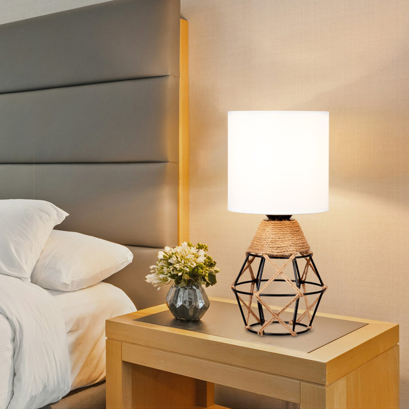 Lampe de table Boho avec abat-jour en tissu blanc, lampe de table de chevet avec interrupteur marche / arrêt