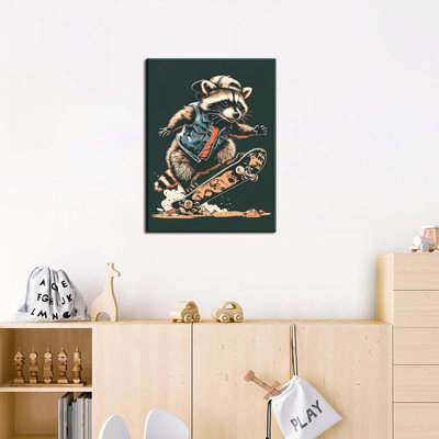 Funny Skateboard Raccoon Canvas Wall Art Cute Playful Graffiti Animal Wall Decor Picture Funky Cool Playroom Raccoon Poster Print For Kids Bedroom Home Decoration