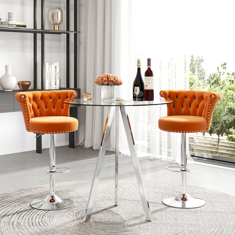 Ensemble de table de bar ronde en verre réglable en hauteur et tabourets de bar sur pattes en velours, Orange