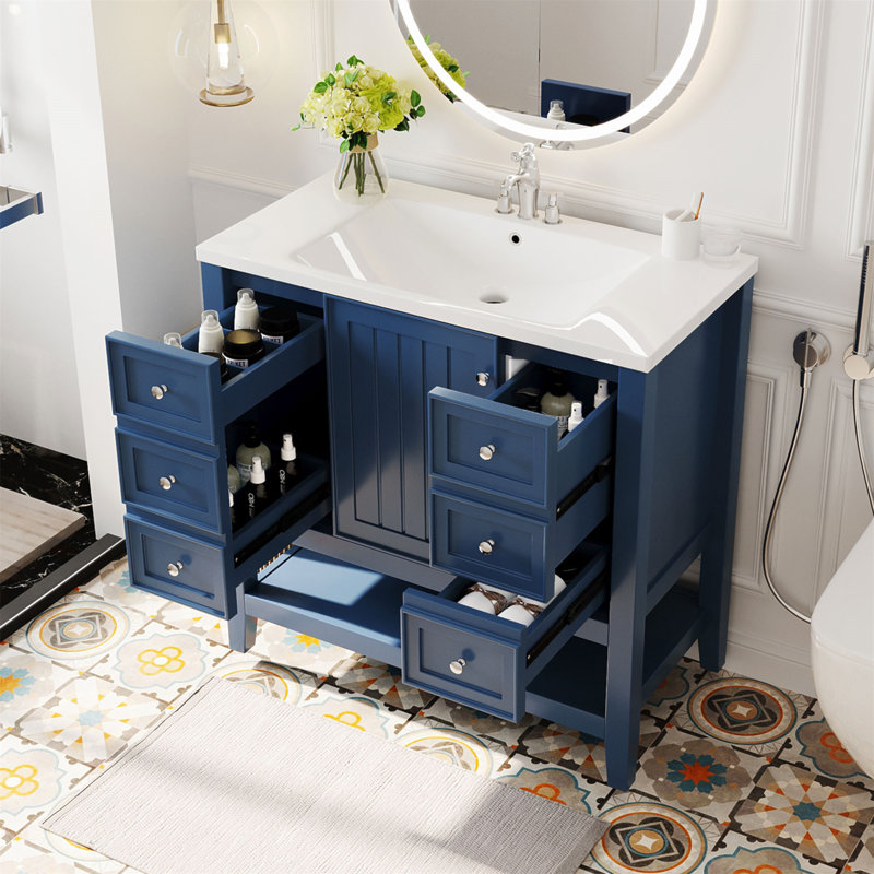 Meuble-lavabo de 36 pouces avec lavabo, une armoire, trois tiroirs, panneau en bois massif et panneau de fibres à densité moyenne