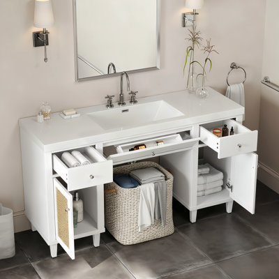 60 Inch Modern Bathroom Vanity In White, Sink With 5.25" Depth Basin, Soft Close Drawers And Doors, Wheelchair Access Luxury White Vanity, Spill Hole, Pine Legs, Ideal For Large Bathrooms
