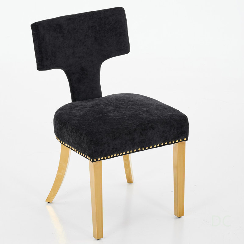 Ensemble de 2 chaises de salle à manger de style moderne du milieu du siècle, revêtues de tissu chenille de style ferme, avec dossier incurvé et clous en cuivre, pieds en acier inoxydable doré, noires