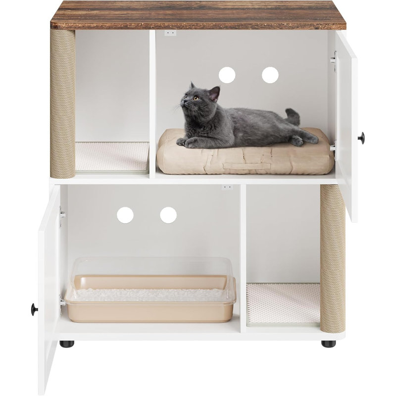 Double bac à litière pour chat avec poteau à griffer, bac à litière caché 2-en-1 avec litière, grand bac à litière pour 2 chats