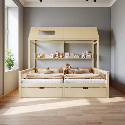 Double Twin Platform Bed With Storage Shelves And Drawers