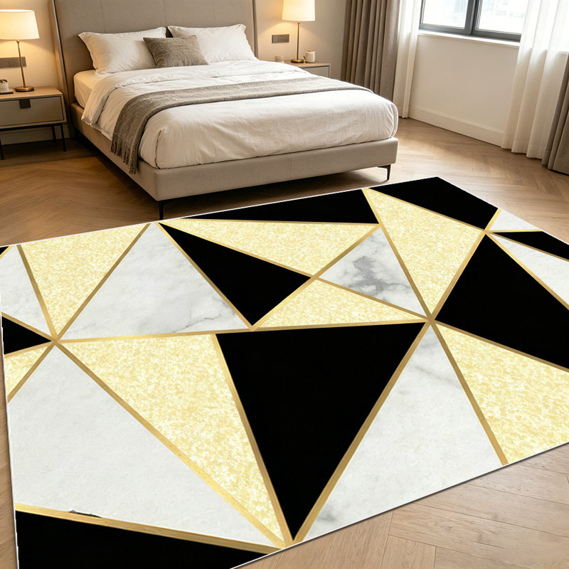 1PC Geometric Triangle Marble Gold Trim Black Modern Luxury Pattern area rugs for Living Room, Soft and Comfortable, Suitable for all seasons, easy-to-maintain, machine washable Indoor floor mat, Under Table Farmhouse suitable for dining room,