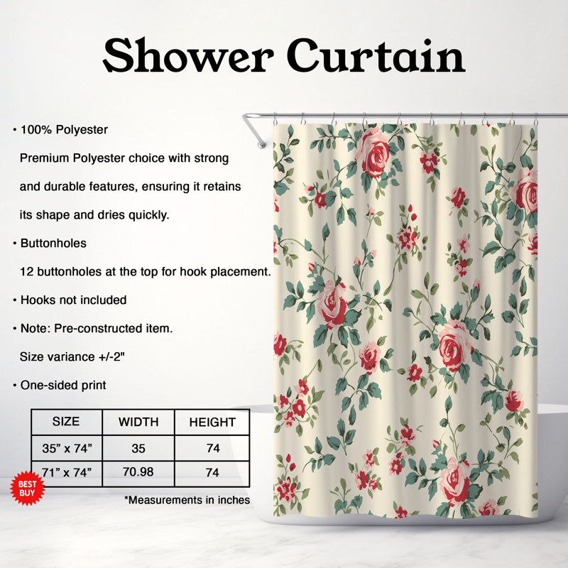 Rideau de douche standard 1 pièce Vintage Petals, H 74 po x l 71 po