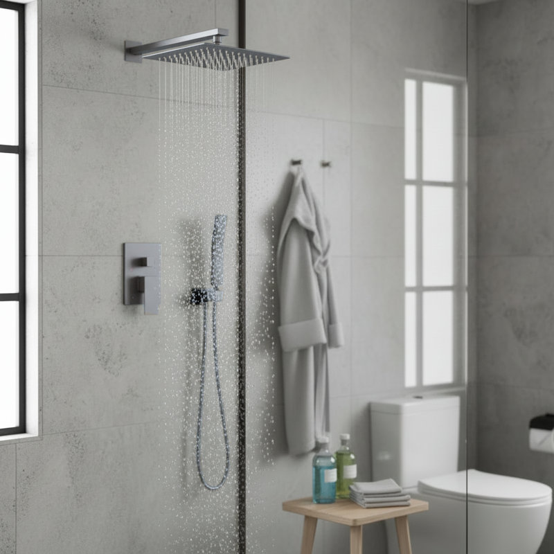 Modern Brushed Nickel 10" Square Wall Mounted Rain Shower System With Handheld And Brass Valve, Brushed Nickel