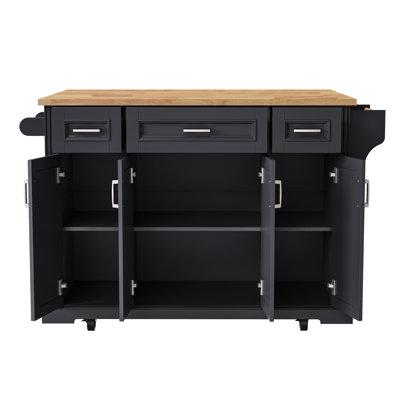 54inch Large Kitchen Island with Rubber Wood Drop Leaf, Embossed Texture Rolling Kitchen Cart on 4 Wheels with 4 Doors and 3 Drawers