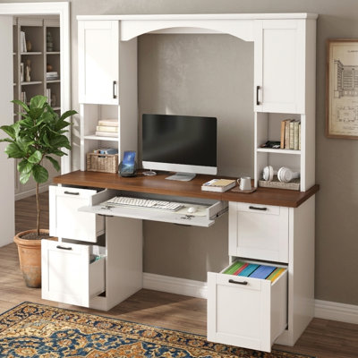 Retro Computer Desk with Keyboard Tray, Hutch, and Charging Station