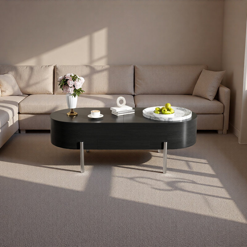 Table basse à plateau relevable de 47,2 po avec plateau tournant à motif de marbre à 360 degrés, compartiment caché, table centrale en bois partiellement assemblée, plateau de table ovale moderne pour le salon