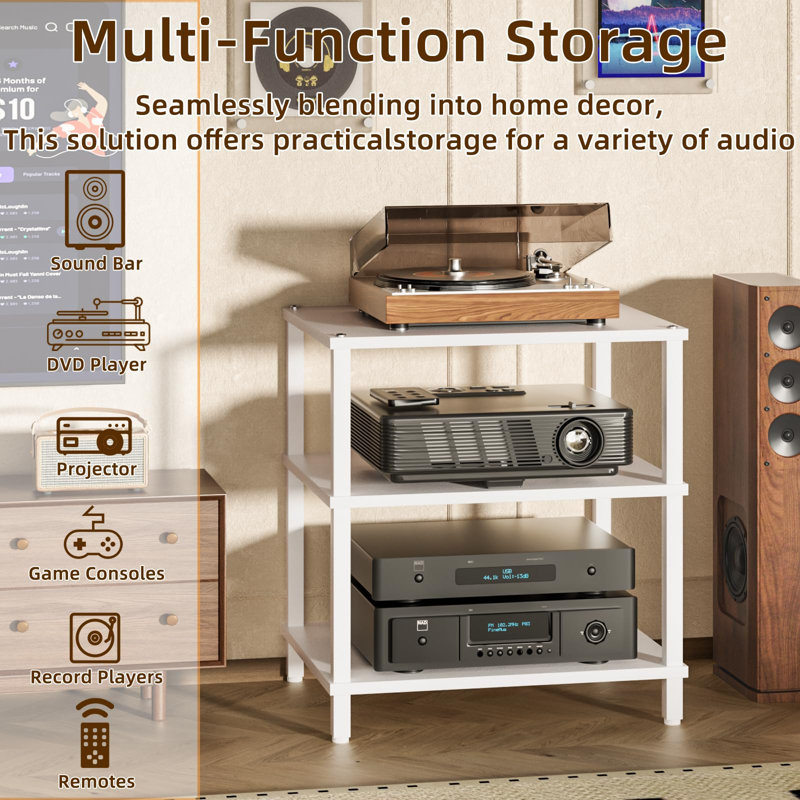 3-Tier AV Media Player Stand, Modern Stereo Cabinet,Game Console Shelf,Wooden TV Stand,Multifunctional Entertainment Center, Suitable for Home, Conference Room (White)