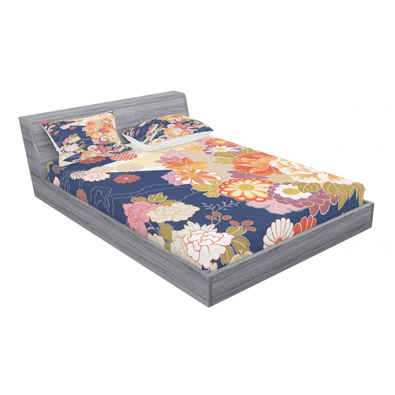 Microfiber Floral Sheet Set, Queen Sheet Set with Fitted Sheet, Traditional Kimono Floral