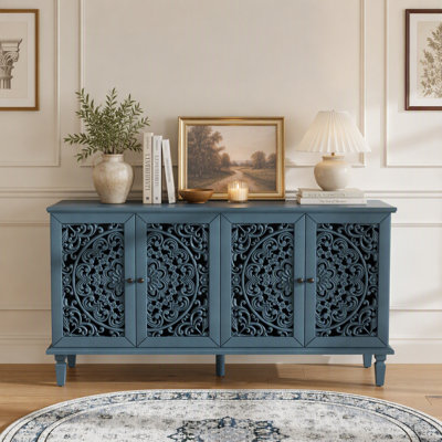 Antique Floral Carved Buffet Cabinet & TV Stand for TVs Up to 65", Solid Wood Legs Sideboard with Antique Brass Handles & Adjustable Shelves for Living Room & Dining Room