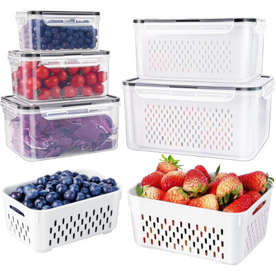 RAINBEAN 5 Pack Fruit Storage Containers for Fridge 10–148 oz, BPA-Free Airtight Food Storage with Removable Colander, Stackable Vegetable & Fruit Keeper Bins
