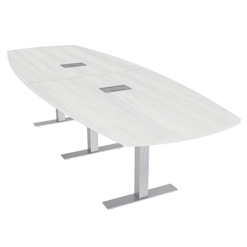 Table de conférence Arc Boat avec bases en T en métal et modules de données, L 144 po x l 48 po, Cyprès blanc, Argent argent