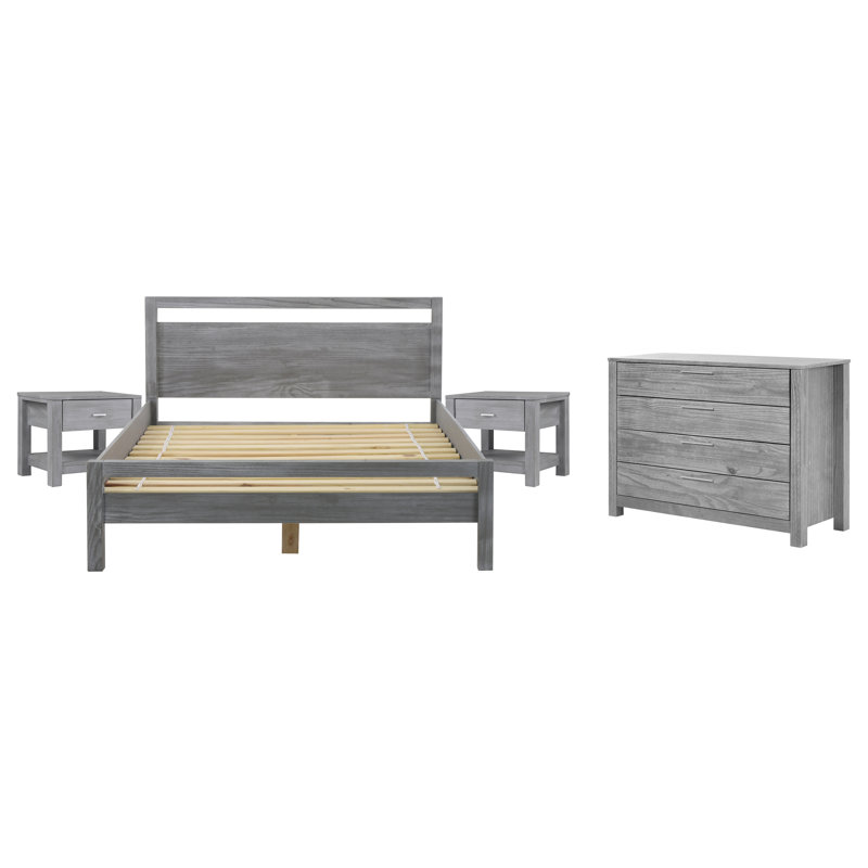 Loft Solid Wood Piece Bedroom Set, Acacia, 4 Pieces: 1 Bed, 2 Nightstands, 1 Dresser