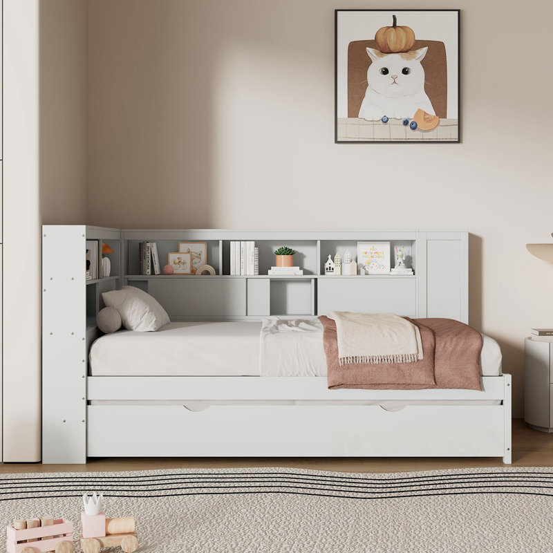Lit de jour simple en bois avec tablettes de rangement, USB et lit gigogne