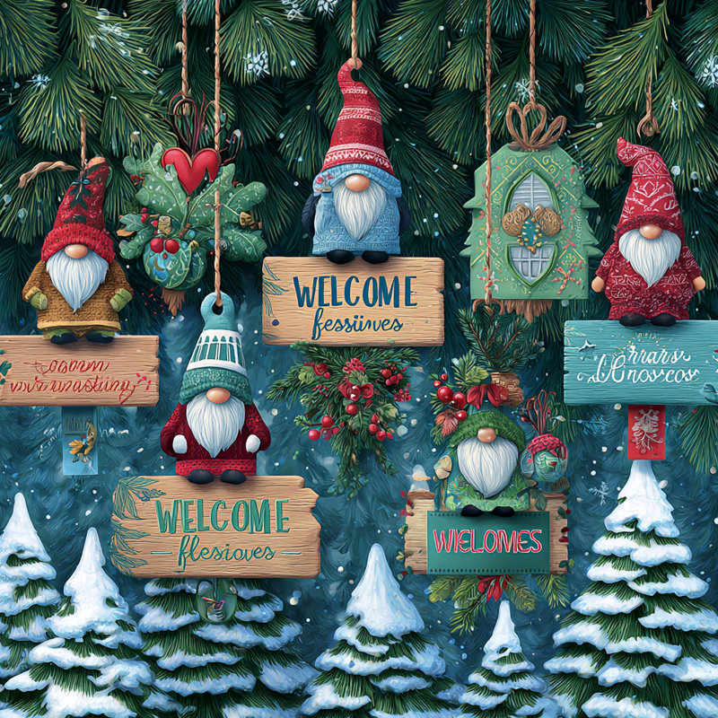 «Gnome Welcome Ornaments in Pine», art mural sur toile tendue, H 30 po x l 30 po