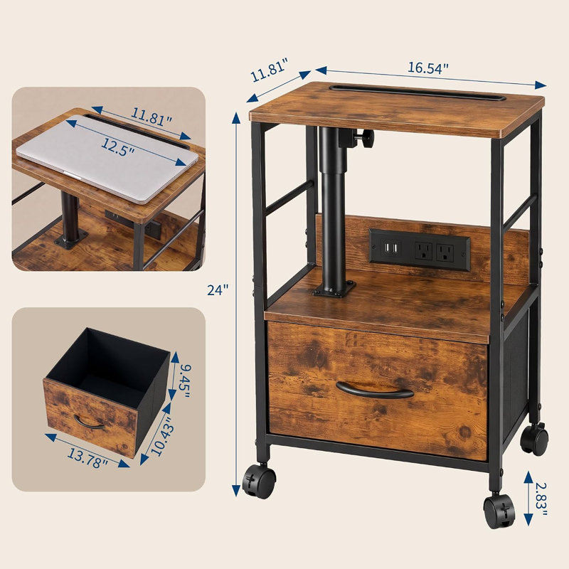 Table de chevet pivotante à plateau relevable avec station de charge et table de chevet, Brun