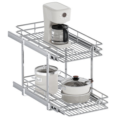 13.5" W x 18" D 2-Tier Pull Out Cabinet Organizer, Heavy-Duty Chrome Wire Sliding Drawer for Bathroom Vanity, Under Sink Storage & Shallow Kitchen Cabinets