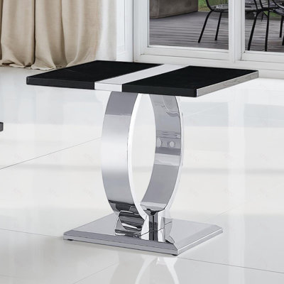 Table d'appoint luxueuse avec piètement en forme de O, fini noir et argenté, en acier inoxydable, pour salon