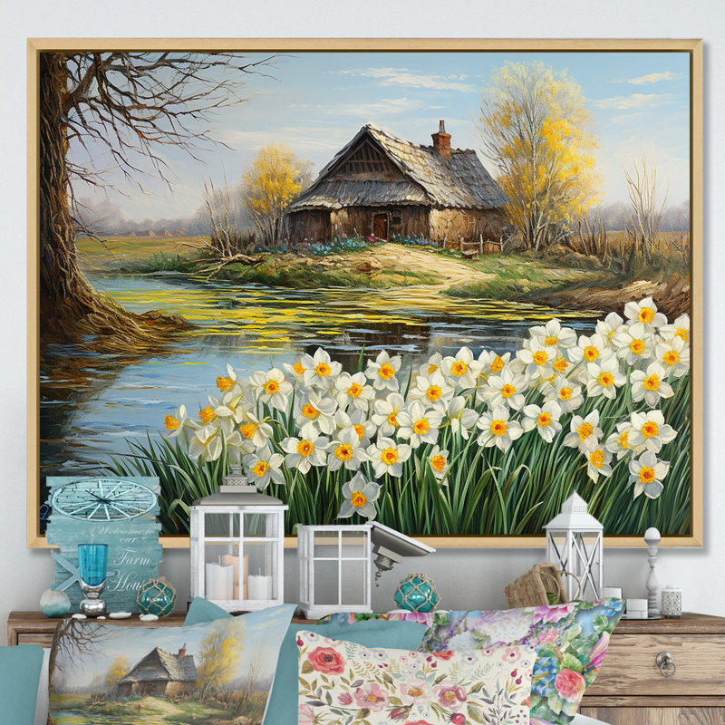 «White and Yellow Daffodils Country Charm I», reproduction sur toile, H 16 po x l 32 po x P 1 po, Cadre naturel flottant