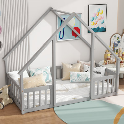 Twin Wood House-Shaped Floor Bed With Fence, Guardrails ,Grey