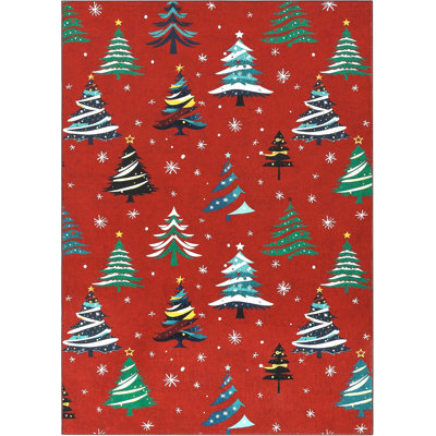 Christmas Rugs with Xmas Tree Pattern for Holiday Decor, Non Slip Low Pile Washable Rug for Kitchen, Entryway, Living Room, Bedroom