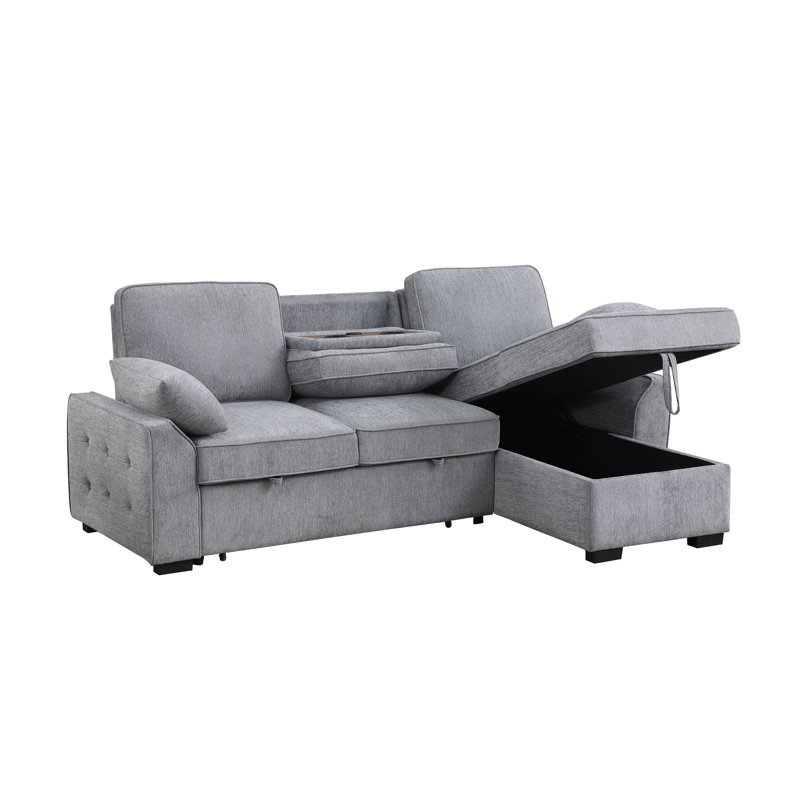 91" Chenille Convertible Sectional Sofa with Pull-Out Sleeper, Storage Chaise, Cup Holders & USB Charging, Light Gray