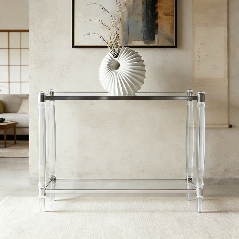 Console simple en verre transparent acrylique, H 31,5 po x l 55,12 po x P 13,78 po, Transparent / Argent