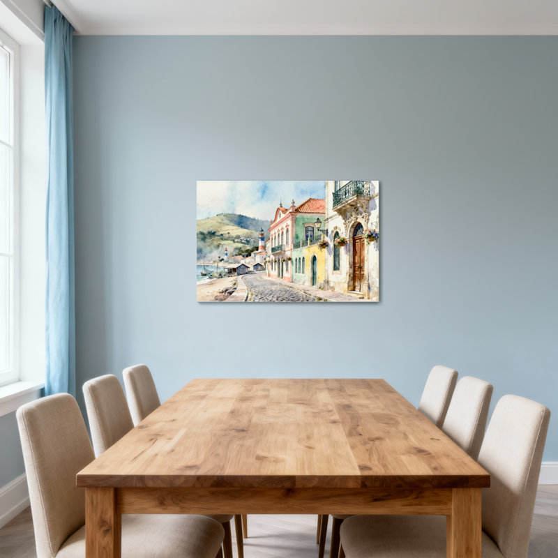 Scène d'aquarelle de ville côtière pittoresque, H 12 po x l 18 po