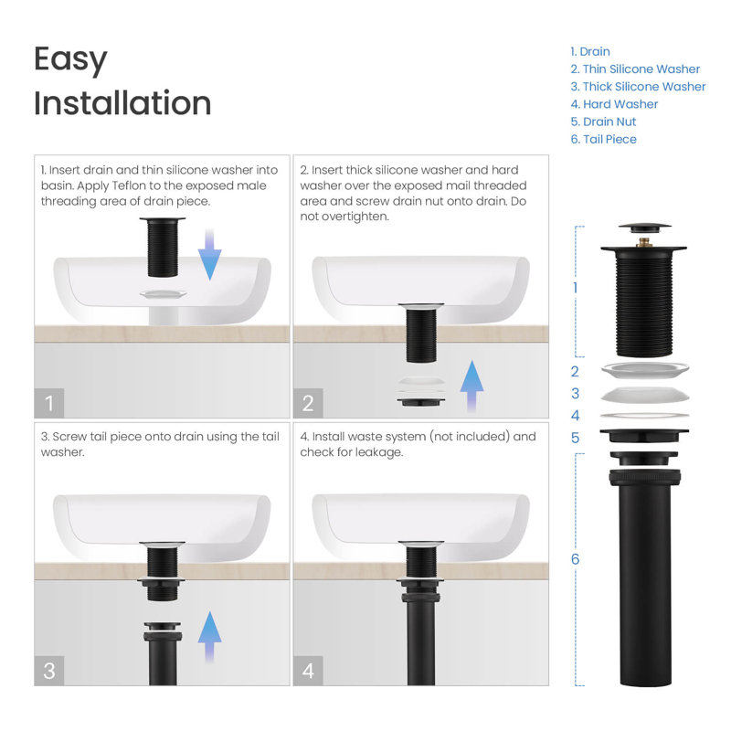 Bouchon de drain escamotable pour salle de bain, sans trop-plein, Noir mat