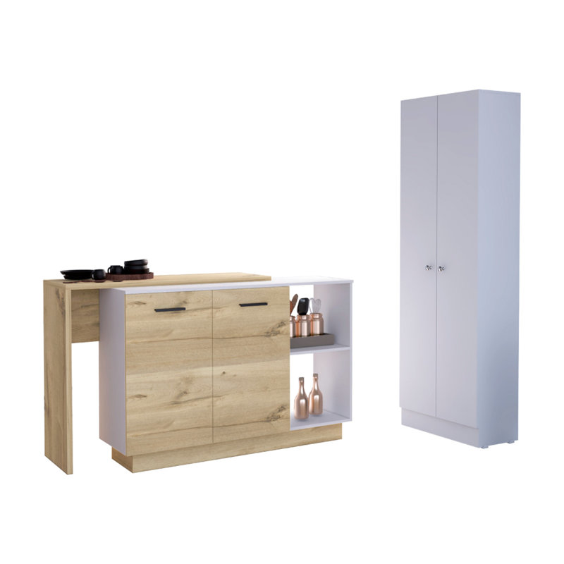 White & Oak 4-door Kitchen Arrangement. Island For Cooking Prep Jobs. Pantry Cabinet With Interior Storage Room 2 - And Oak. Needs. Versatile Shelves