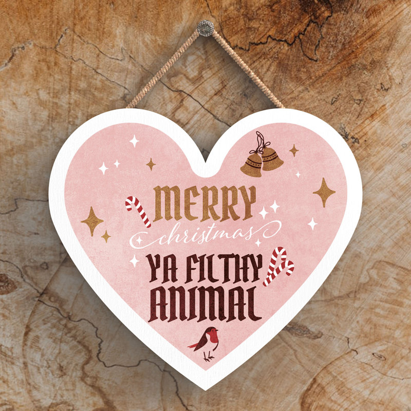 Xmas Merry Christmas Ya Filthy Animal Wooden Christmas Heart Plaque, 10cm H x 9cm W x 0.5cm D