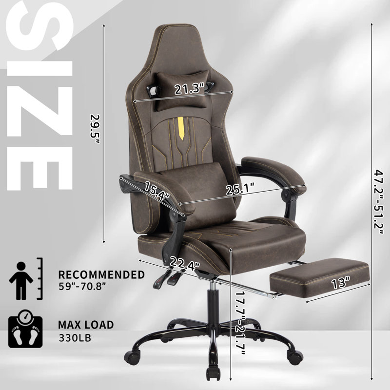 Fauteuil de jeu réglable en cuir de polyuréthane avec support lombaire et repose-pieds Tristian, Brun