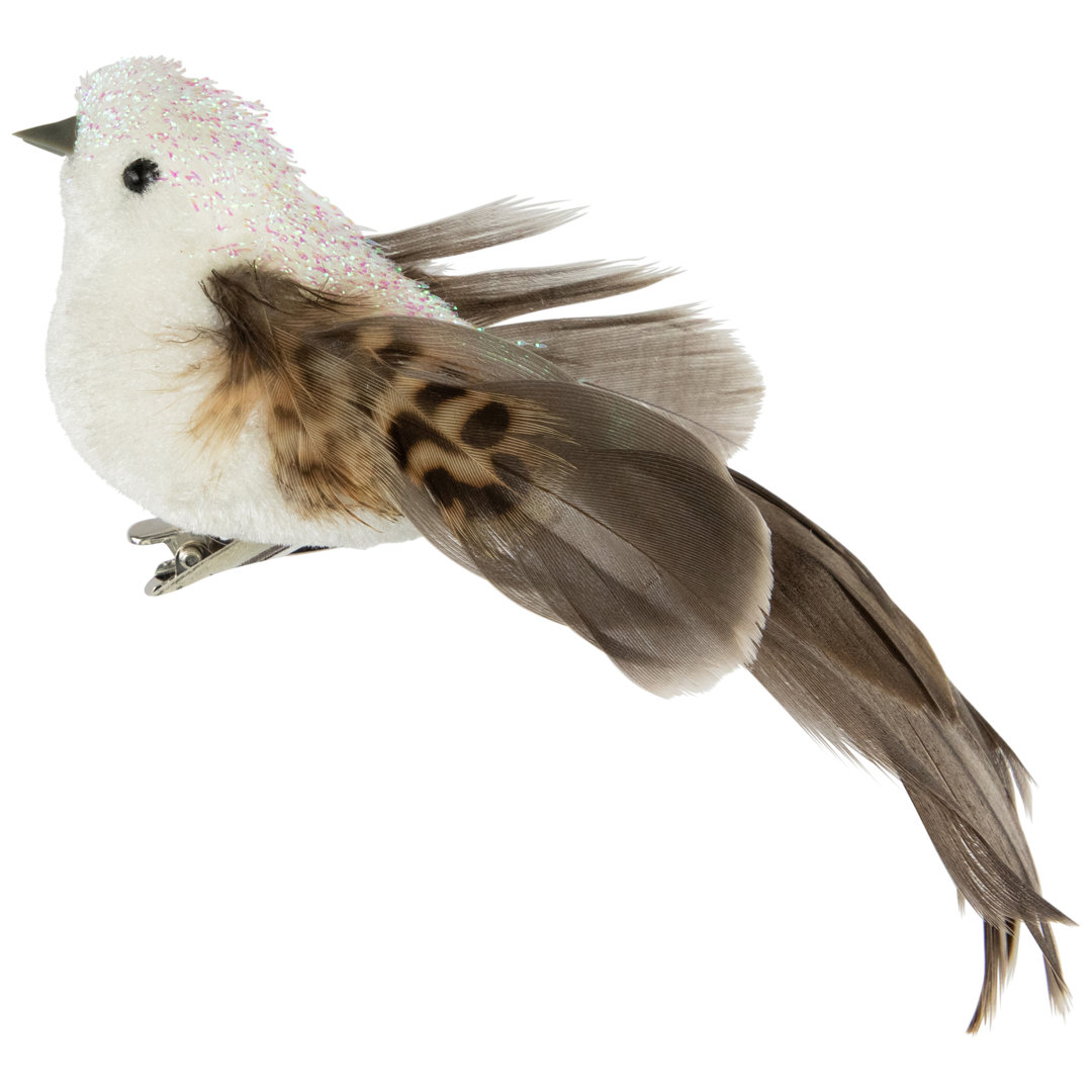 6" White and Brown Bird with Clip and Feathers Christmas Ornament The Holiday Aisle®