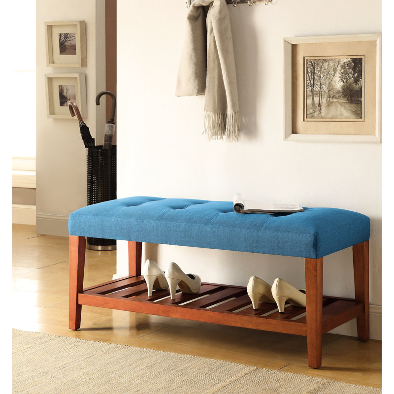 Banc rectangulaire en tissu bleu avec siège en chêne - profondeur de 16 po, largeur de 40 po, siège de style moderne