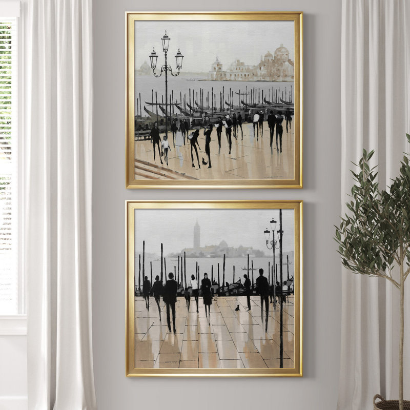 «Quiet Gondolas I», ensemble de 2 reproductions d'art graphique, H 17,5 po x l 35 po x P 1,5 po, Toile encadrée dorée