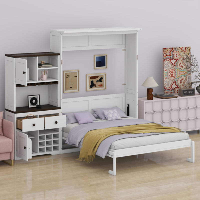 Lit escamotable avec armoire de rangement, support à vin, porte-verre, tiroirs et bande à DEL multicolore, Blanc