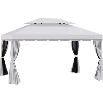 10' X 13' Gazebo, Gray - Rust- Aluminum Frame. Double Roof, Curtains, Netting. 10 Drain Holes. For Backyard, Lawn, Deck Gatherings Gazebo Canopy Shelter, Outdoor With Netting & Frame For Garden Lawn