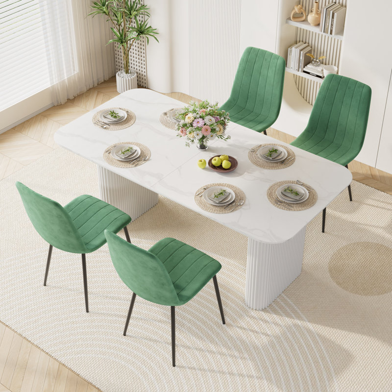 Marble texture 70.9 "Rectangular Dining Table Set, White, Green, 5