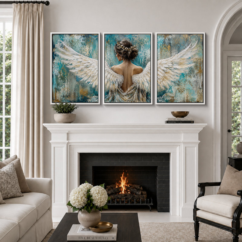 «Teal Angel Woman Winged», reproduction d'art sur toile encadrée, art mural, H 36 po x l 72 po x P 1,5 po, White Frame