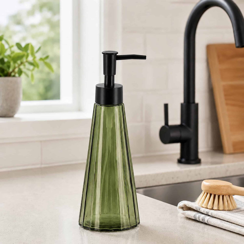 Distributeur de savon en verre vert olive Calix, bouteille de savon à main nervurée à facettes pour comptoir de salle de bain et évier de cuisine, contenant de liquide rechargeable avec pompe noir mat, Modern Vintage, 10,1 oz liq.