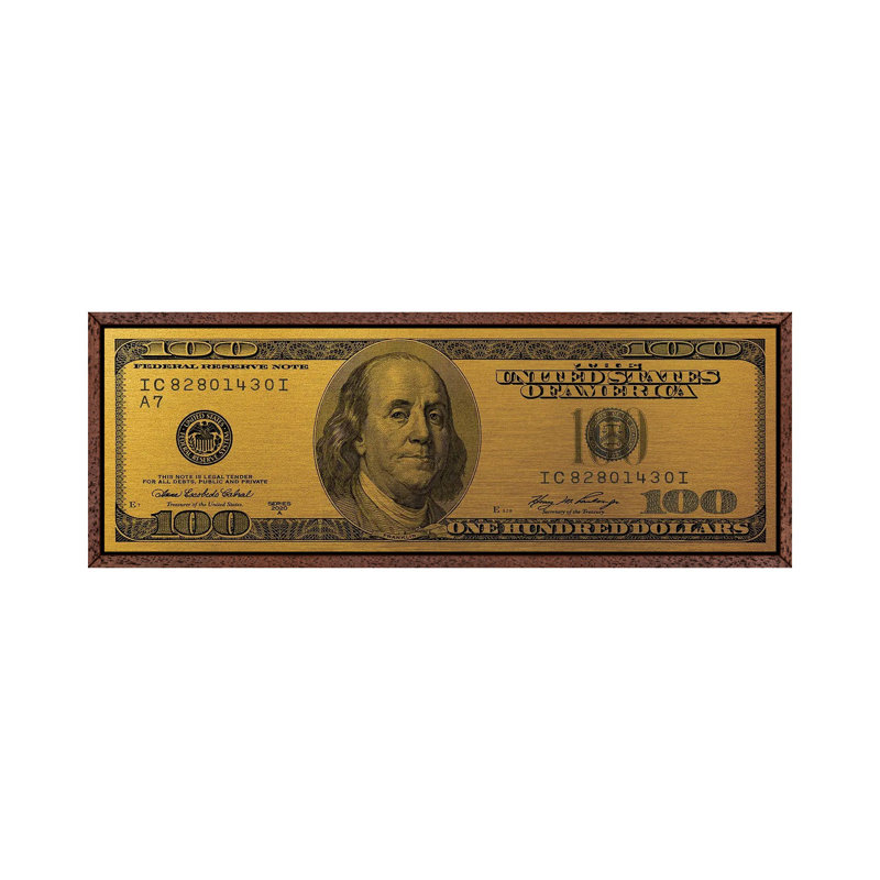 Hundred Dollar Bill - Gold - Panoramic Print on Canvas, Brown Framed, 30.48cm H x 91.44cm W x 3.81cm D