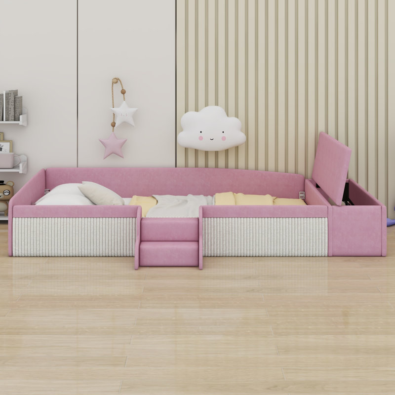 Lit de jour rembourré avec escalier, garde-corps et repose-pieds avec vérin à gaz, Twin, Pink+White