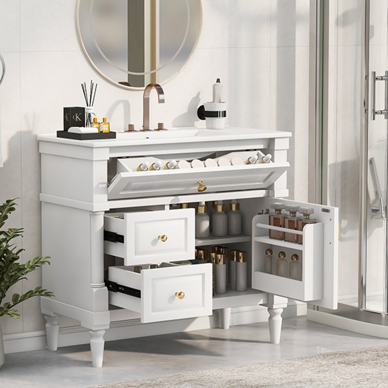 Meuble-lavabo de salle de bain avec lavabo en céramique, armoire de rangement fonctionnelle avec tiroir rabattable et tablette réglable